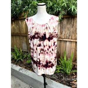 Calvin Klein Women's Size 1X Beige Print Pleated Crew Neck Dressy Blouse